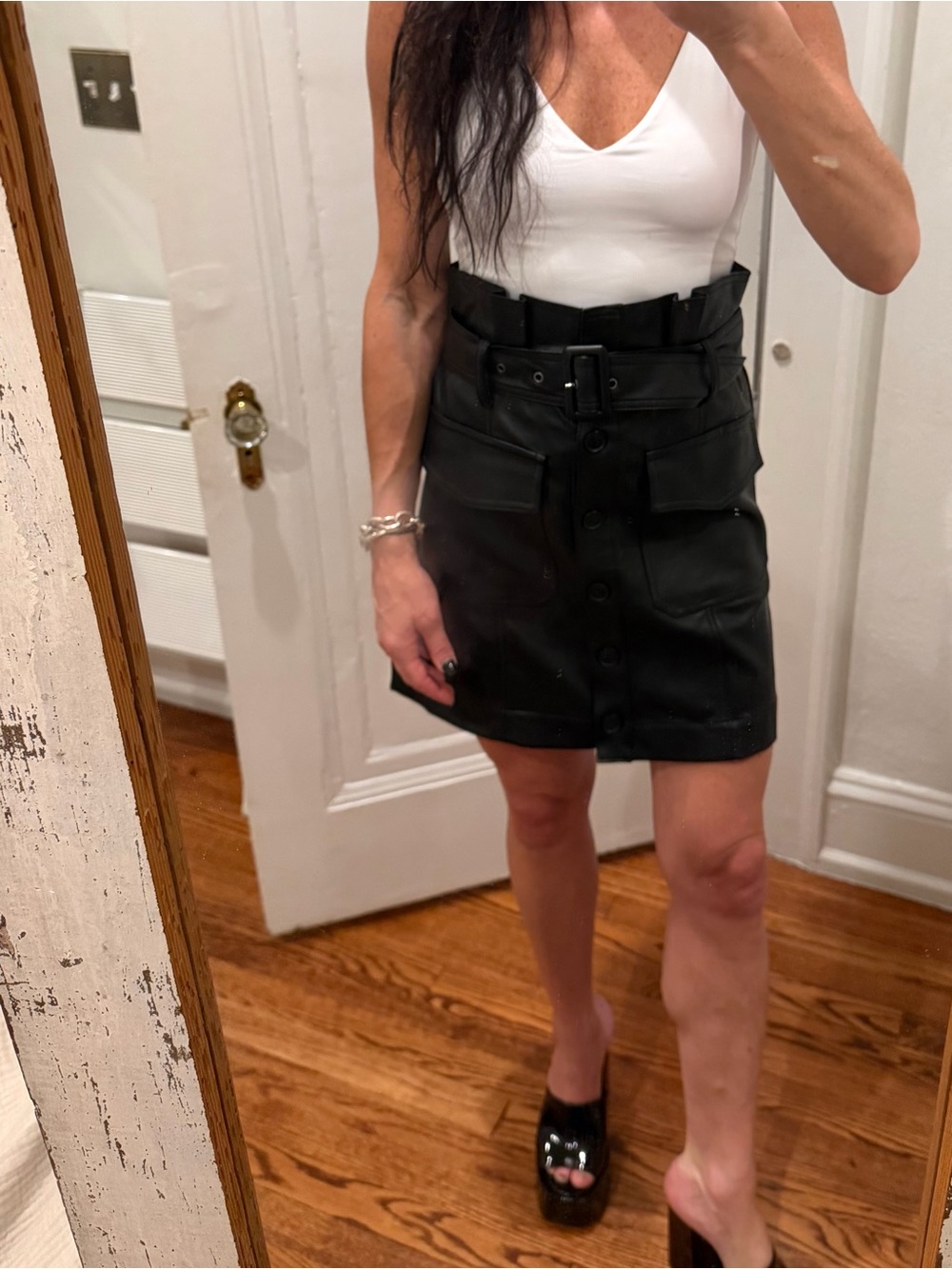 Black High-Waist Belted Leather Mini Skirt - Picture 2 of 10